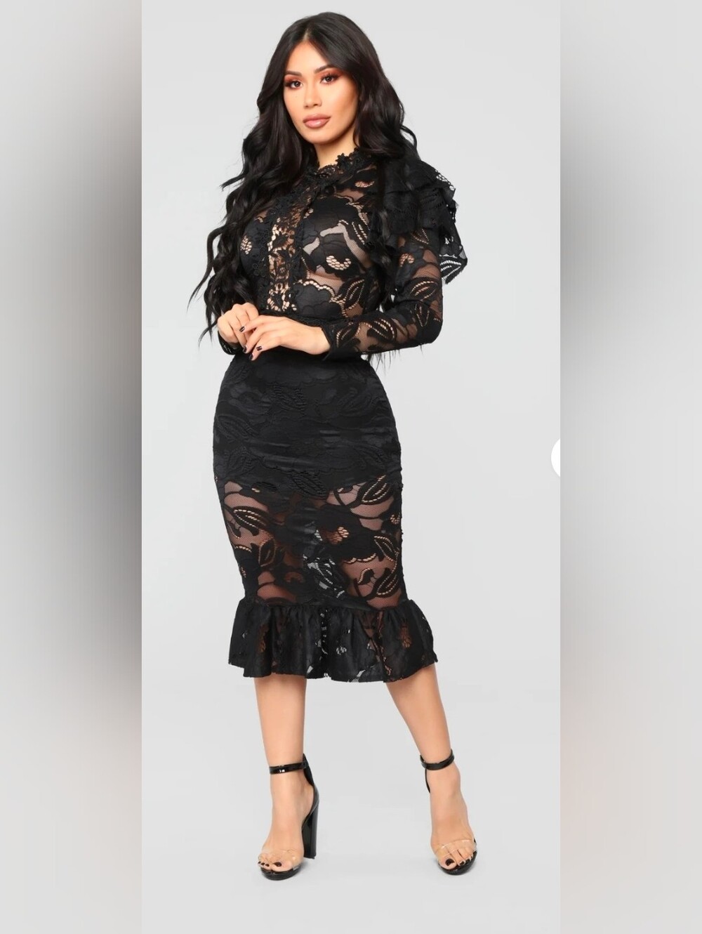 FashionNova "Laced With Beauty" Black Lace Bodycon Midi Dress SIZE L